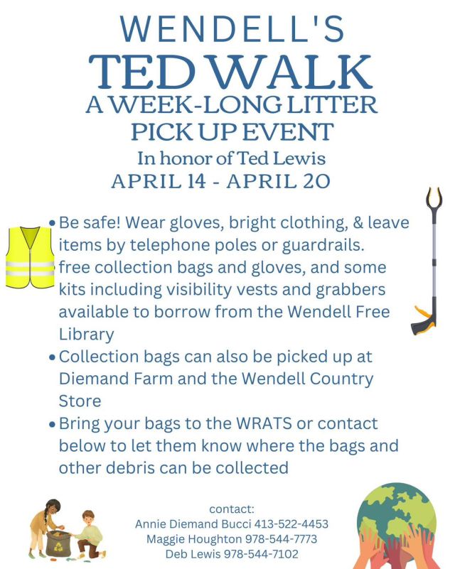 Calling all Wendell residents! Join us tomorrow for the conclusion of our second annual “Ted Walk” in memory of our beloved friend, Ted Lewis. Ted was a key supporter of the Wendell Litter Pickup from the beginning. Throughout the week, residents have been actively cleaning up litter along various roads in town. They have been coordinating with us to identify locations for leaving bags filled with the cleaned litter. A big thank you to all participants, with a special thanks to Maggie Houghton and the Wendell Free Library! Ted's daughters will collect the bags of litter on Saturday 4/20 from 9am-12pm and bring them to the WRATS. Once again, thank you!
.
.
.
#diemandfarm #wendellma #westernmass #franklincounty #pioneervalley #othersidema #visitwesternma #igers413 #tedwalk #litterpickup @wendellfreelibrary